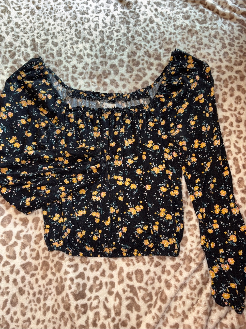 Aeropostale Black Long Sleeve Floral Peasant Top with Yellow Flowers
